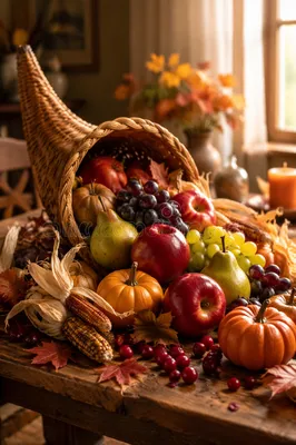 Thanksgiving Cornucopia with Autumn Harvest Fruits