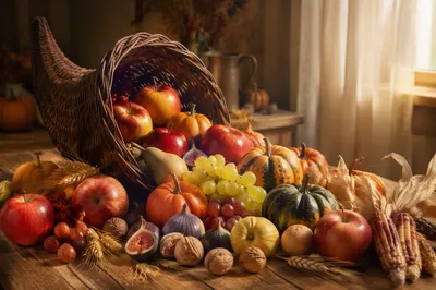 Thanksgiving Cornucopia with Autumn Harvest Table