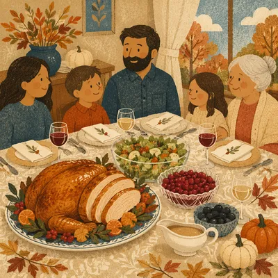 Thanksgiving Turkey Dinner Table Overhead Scene