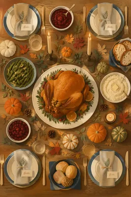 Overhead Thanksgiving Turkey Table with Harvest Decor