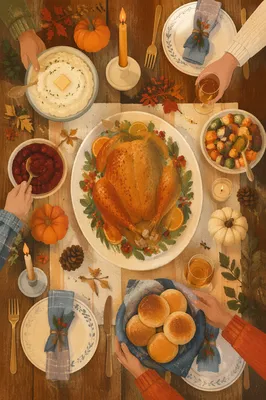 Overhead Thanksgiving Turkey Dinner Table Scene