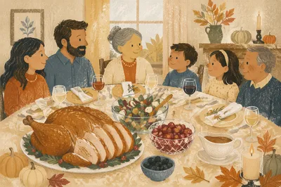 Festive Thanksgiving Turkey Table Overhead Scene