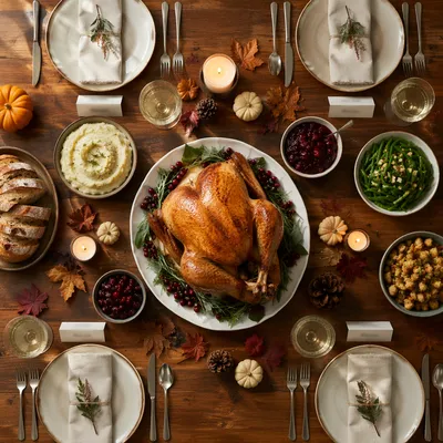 Overhead Thanksgiving Turkey Table with Autumn Decor