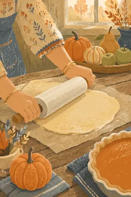 Thanksgiving Pumpkin Pie Baking on Rustic Table