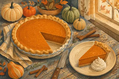 Thanksgiving Pumpkin Pie on Rustic Table