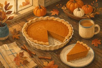 Thanksgiving Pumpkin Pie on Rustic Farmhouse Table