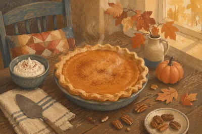 Thanksgiving Pumpkin Pie on Rustic Farmhouse Table