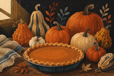 Thanksgiving Pumpkin Pie Harvest Table Scene