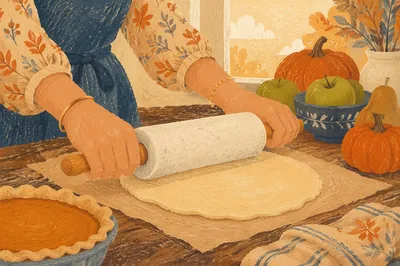 Thanksgiving Pumpkin Pie Baking on Rustic Table