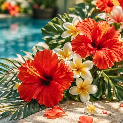 Vibrant Tropical Plumeria and Hibiscus Summer Arrangement