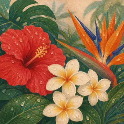 Vibrant Tropical Summer Flowers After Rain