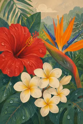 Vibrant Tropical Summer Flowers After Rain
