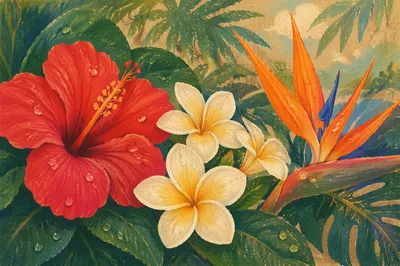 Vibrant Tropical Summer Flowers After Rain