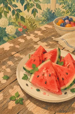 Sunlit Watermelon Slices on Picnic Plate