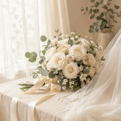 Elegant White Rose Wedding Bouquet
