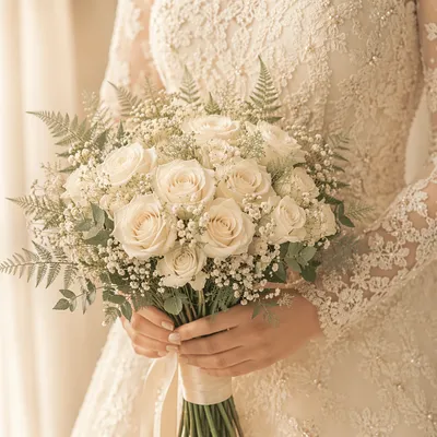 Elegant White Rose Wedding Bouquet Closeup