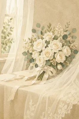 Elegant White Rose Wedding Bouquet Scene
