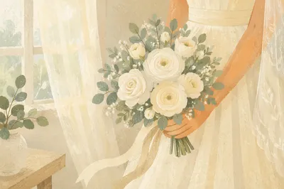 Elegant White Rose Wedding Bouquet by Window