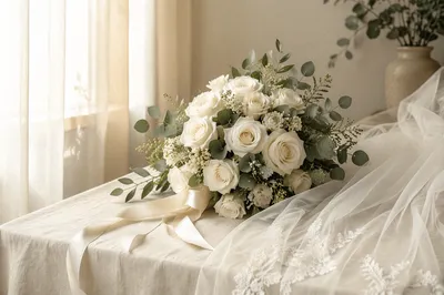 Elegant White Rose Wedding Bouquet