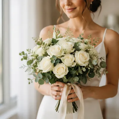 Elegant White Rose Wedding Bouquet Closeup
