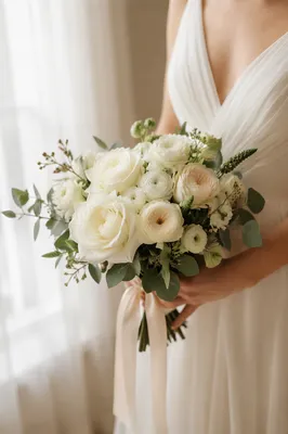 Elegant White Rose Wedding Bouquet in Soft Light