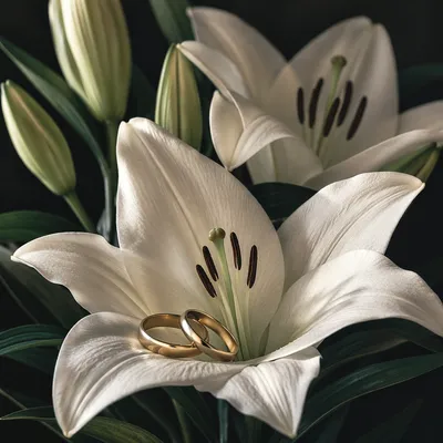 Wedding Rings on White Lily Petals