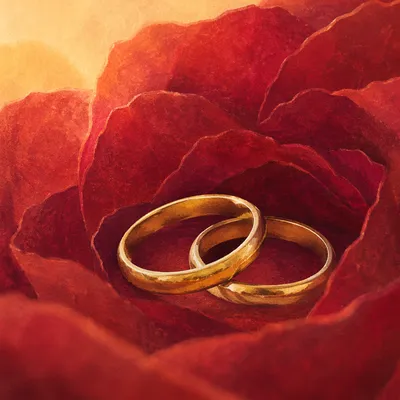 Gold Wedding Rings on Red Rose Petals
