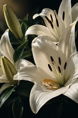 Wedding Rings on White Lily Petals