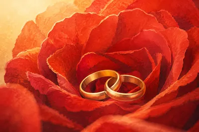 Gold Wedding Rings on Red Rose Petals