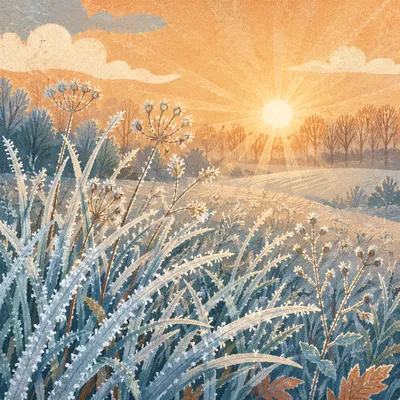 Sparkling Winter Frost Meadow at Sunrise