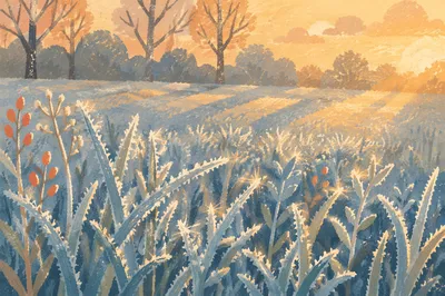 Winter Frost Sparkling on Meadow Grass