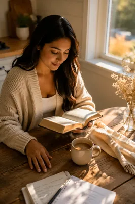 Woman Reading Bible with Morning Coffee
