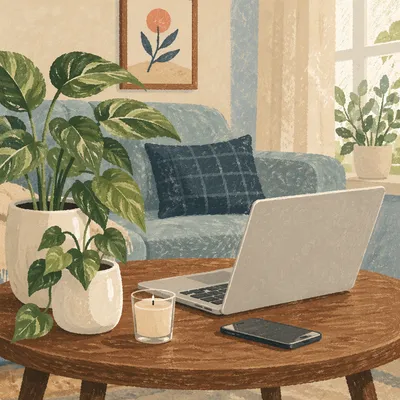 Cozy Desk Setup with Plant and Candle