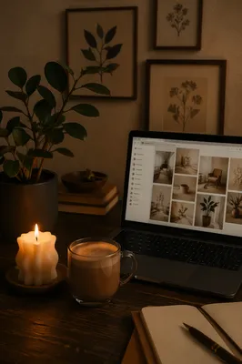 Cozy Aesthetic Desk Setup with Candlelight