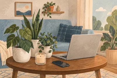 Calm Desk Setup with Plant and Candle