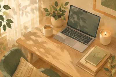 Cozy Desk Setup with Plant and Candle