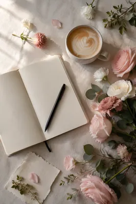 Minimal Journal Coffee and Flowers Flat Lay