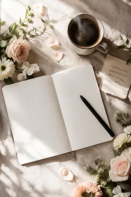 Minimalist Journal Coffee and Flowers Flat Lay