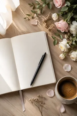 Minimalist Journal Coffee and Flowers Flat Lay