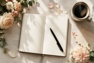 Minimalist Journal Coffee and Flowers Flat Lay