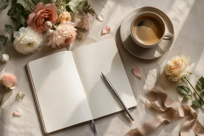 Minimal Journal Coffee and Flowers Flat Lay