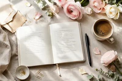 Minimal Journal Coffee and Flowers Flat Lay
