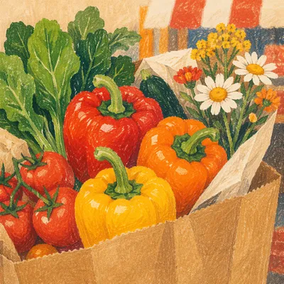 Colorful Grocery Bag with Produce and Flowers