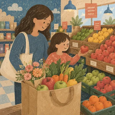 Aesthetic Grocery Bag with Produce and Flowers