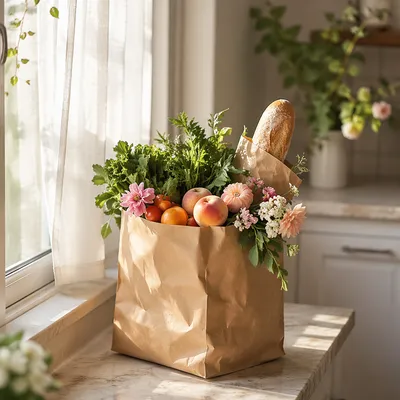 Sunlit Grocery Bag with Produce and Flowers