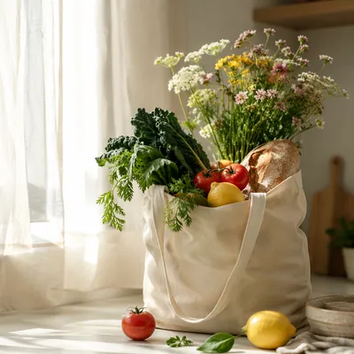 Sunlit Grocery Bag with Produce and Flowers