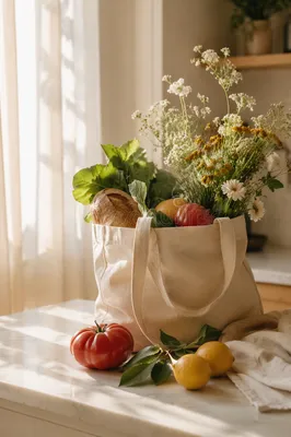 Sunlit Grocery Bag with Produce and Flowers