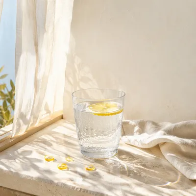 Sunlit Water Glass with Lemon Slice