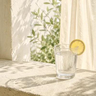 Sunlit Lemon Water Glass by Window
