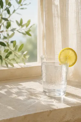 Sunlit Lemon Water Glass on Windowsill
